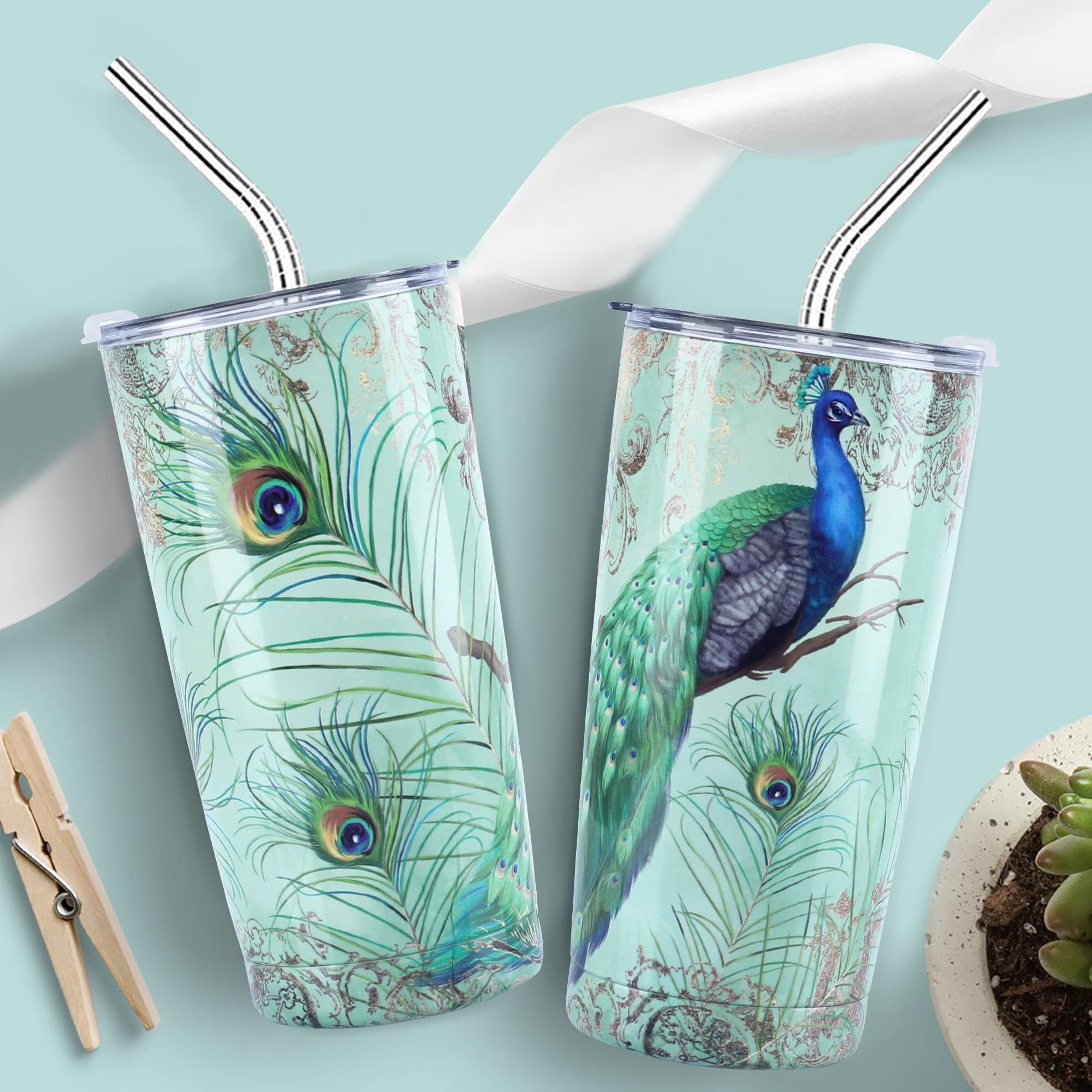 Nymphfable 20Oz Peacock Mug Tumbler With Straw And Lid Stainless Steel Insulated Travel Mug Double Wall